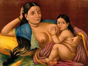 view Woman suckling an infant. Chromolithograph.