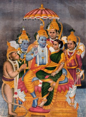 view Rama enthroned with Sita surrounded by Hanuman, Garuda, Krishna and one other. Chromolithgraph.