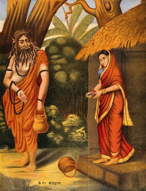 view A disguised Ravana luring Sita away. Chromolithograph.