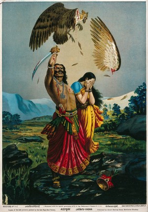 view Ravana slaughtering Jatayu the vulture, while an abducted Sita looks away in horror. Chromolithograph by R. Varma.