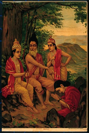 view Ahalya the nymph being released from a curse by Rama and Lakshman. Chromolithograph by R. Varma.