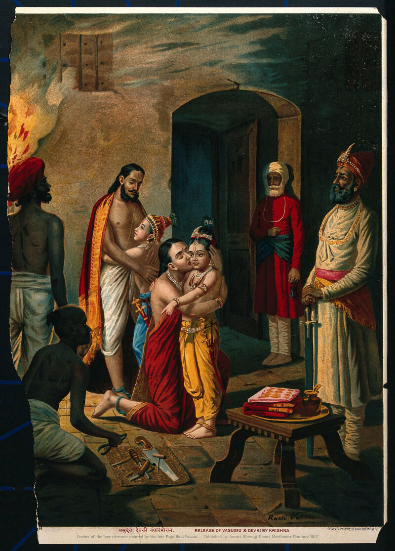 Krishna freeing his parents (Vasudeo and Devki) from prison. Chromolithograph by R. Varma, 1907., 1907, by Raja Ravi Varma