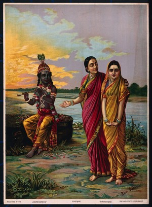 view Krishna declaring his love for Radha via a confidante. Chromolithograph by R. Varma.