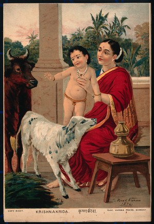 view Krishna as an infant on Yasoda's lap playing with a cow and a calf. Chromolithograph by R. Varma, 1896.