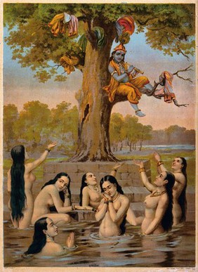 Krishna sitting in a tree with all the gopis clothes while they naked in the water, beg for their garments. Chromolithograph after Ravi Varma.