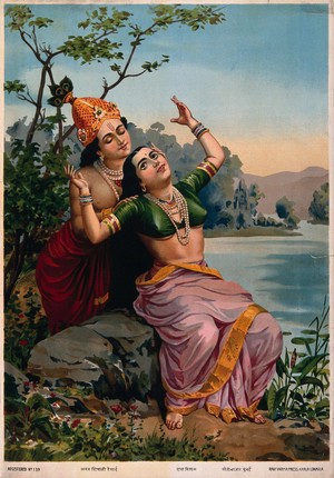 view Krishna embracing Radha. Chromolithograph by R. Varma.