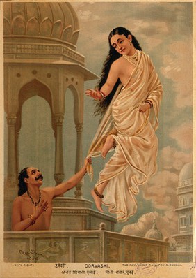 Story of Purūravas and Urvashi: Urvashi flying off to heaven while Purūravas tries to stop her. Chromolithograph by R. Varma, 1896.