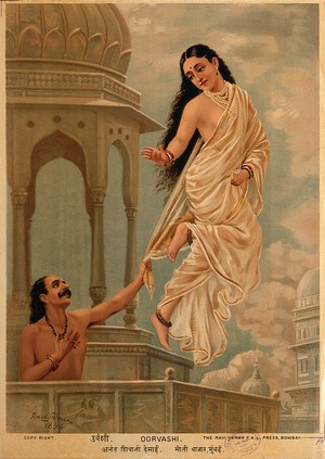 view Story of Purūravas and Urvashi: Urvashi flying off to heaven while Purūravas tries to stop her. Chromolithograph by R. Varma, 1896.