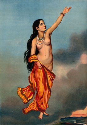 A half-naked nymph flying towards the heavens. Chromolithograph.