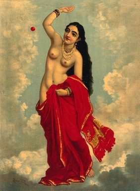 Half-clothed Tilottama flying in the sky playing with a red ball. Chromolithograph by R. Varma.