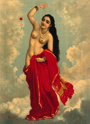 view Half-clothed Tilottama flying in the sky playing with a red ball. Chromolithograph by R. Varma.