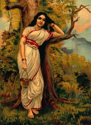 view Ahalya leaning on tree. Chromolithograph by R. Varma.