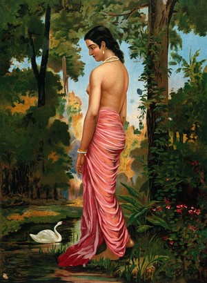 view Semi-clothed woman by a river bank called Varini. Chromolithograph by R. Varma.