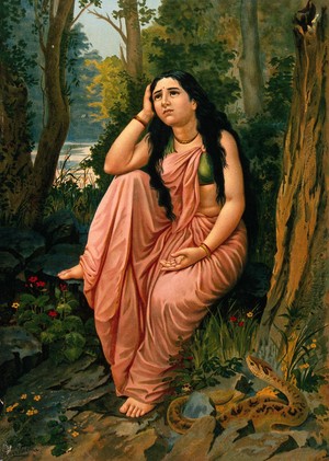 view Damayanti deserted in the forest: part of the story of Damayanti and Nala. Chromolithograph by R. Varma.