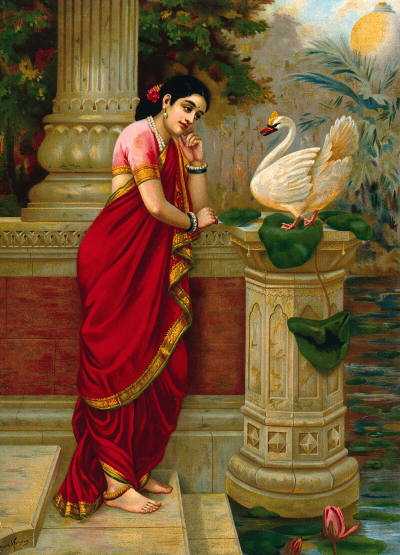 A swan telling Damayanti of Nala's love. Chromolithograph by R. Varma