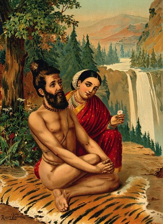 Menaka the nymph tempting the yogi, Viswāmitra. Chromolithograph by R. Varma.