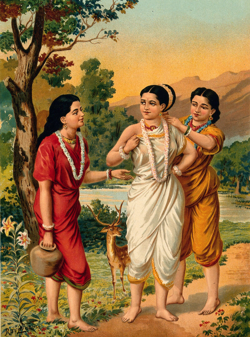 Shakuntala and her friends. Chromolithograph by R. Varma ...