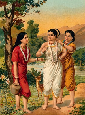 view Shakuntala and her friends. Chromolithograph by R. Varma.