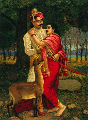 view King Dushyanta proposing marriage with a ring to Shakuntala. Chromolithograph by R. Varma.