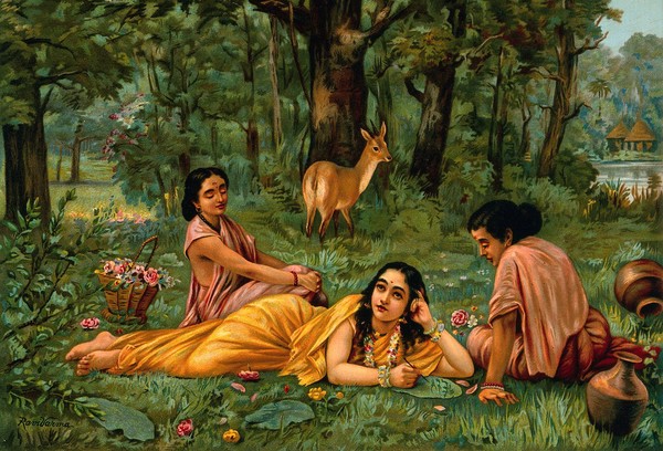 Sakuntalā writing a letter on a leaf in a daydream with two others. Chromolithograph by R. Varma.