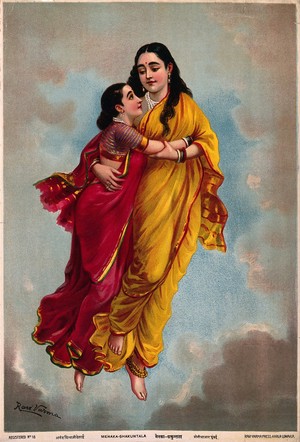 view Sakuntalā and her mother fly towards heaven. Chromolithograph by R. Varma.