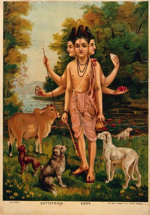 view Dattātreya with his four dogs and cow. Chromolithograph by R. Varma.