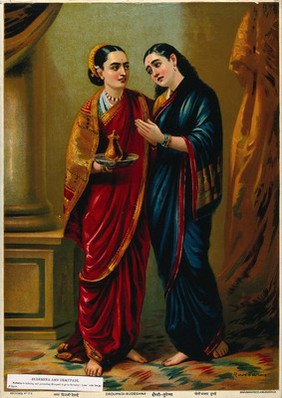 Draupadi in disguise being induced to take a jar of liquor to Kichaka by Sudeshna. Chromolithograph by R. Varma.