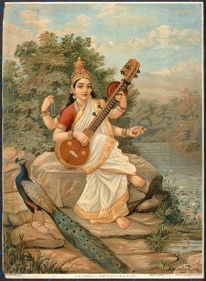 view Sarasvati with her sitar and peacock. Chromolithograph by R. Varma.