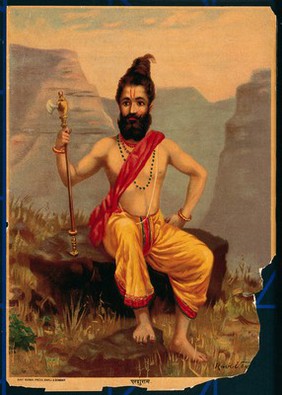 Vishnu's sixth avatar Parashu Rama. Chromolithograph by R. Varma.