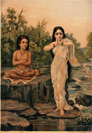 view Shukra and Rambha. Chromolithograph by R. Varma, 1894.