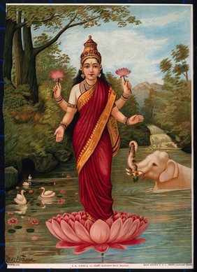 Lakshmi on her lotus in the water with elephant. Chromolithograph by R. Varma.