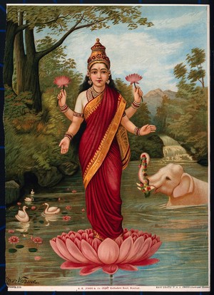 view Lakshmi on her lotus in the water with elephant. Chromolithograph by R. Varma.