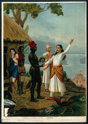 A royal sage tells the father of the fishergirl of their marriage. Chromolithograph by R. Varma, 1907.