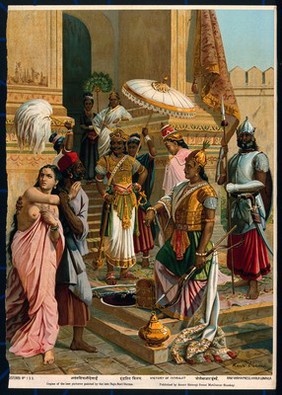 Victory of Indrajit. Chromolithograph by R. Varma.