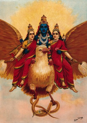 view Vishnu accompanied by his wives riding on Garuda who carries a cobra. Chromolithograph by R. Varma.