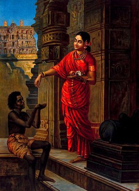 A woman giving alms to a beggar outside a temple to Lord Shiva. Chromolithograph by R. Varma.