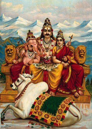 view Shiva, Parvati and Ganesha enthroned on Mount Kailas with Nandi the bull. Chromolithograph by R. Varma.