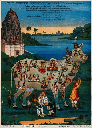 The holy Cow personified as World Mother with many Sanskrit verses. Chromolithograph.