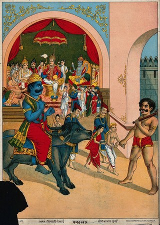 The trial of soul after death in the court of Yama. Chromolithograph.
