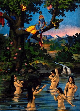 Krishna stealing the cowgirls clothes and watching them bathe in the river below. Chromolithograph.