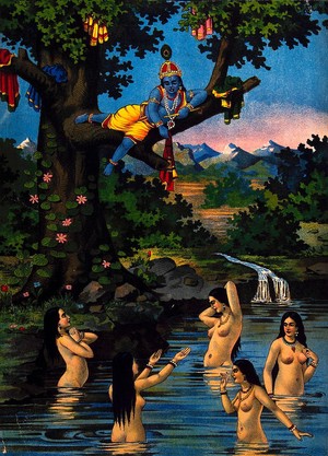 view Krishna stealing the cowgirls clothes and watching them bathe in the river below. Chromolithograph.