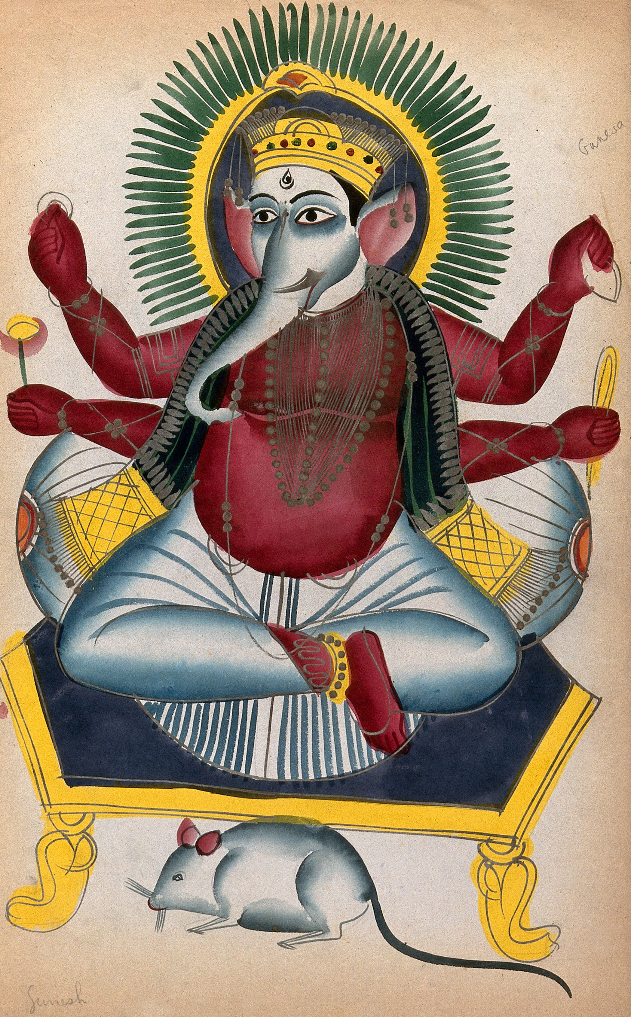 Ganesha Enthroned Holding His Symbols With His Rat Watercolour