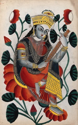 view Sarasvati sitting on lotuses plying her vina. Watercolour drawing.