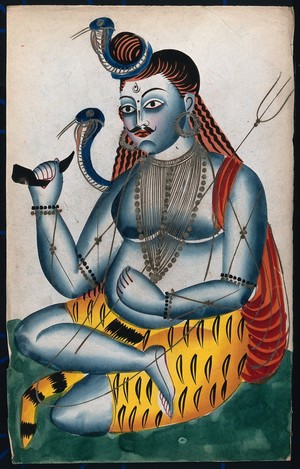 view Shiva and his symbols. Watercolour drawing.