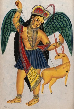 view Apsara with pet deer. Watercolour drawing.