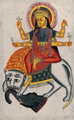 view Durga riding on her lion killing a demon. Watercolour drawing.