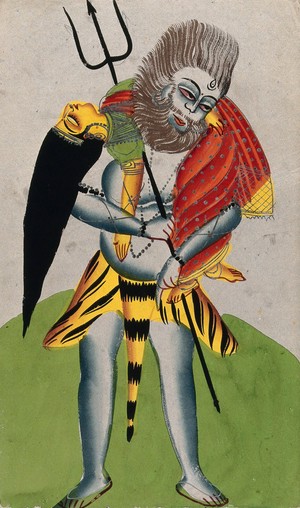 A distraught Shiva carrying the body of his wife. Watercolour drawing. |  Wellcome Collection