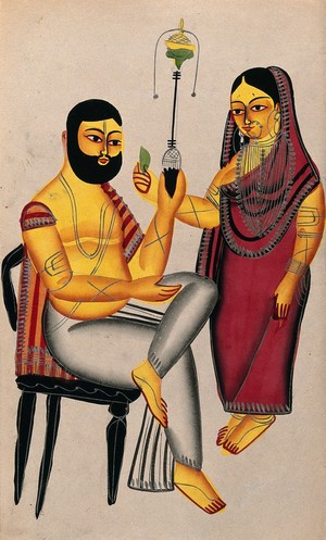 view The Tarakeshwar murder: Elokeshi offers a betel-leaf to the seated Mahant. Watercolour drawing.