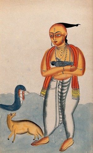 view Vasudeva carrying a baby Krishna encountering a cobra and jackal. Watercolour drawing.