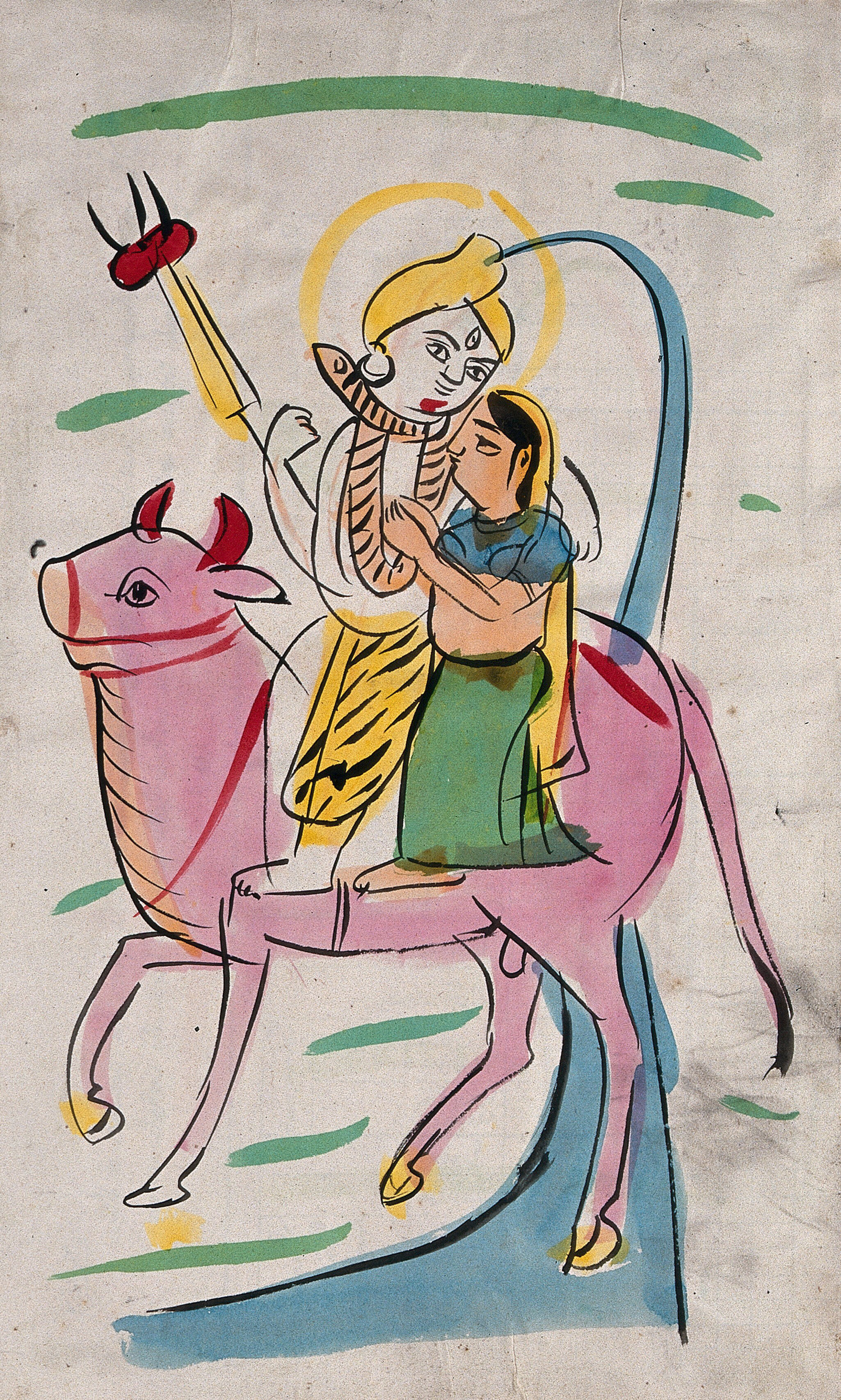 Page 8: Shiva and Parvati riding on Nandi bull. Watercolour drawing. | Wellcome Collection Page 8: Shiva and Parvati riding on Nandi bull. Watercolour drawing. | Wellcome Collection